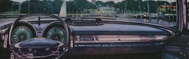 Tableau de bord 60: apr�s avoir d�laiss� en 59 les grands cadrans ronds, c'est le retour de la d�mesure ! L'�clairage se fait par un syst�me analogue aux "AstraDome" Chrysler (�lectroluminescence).